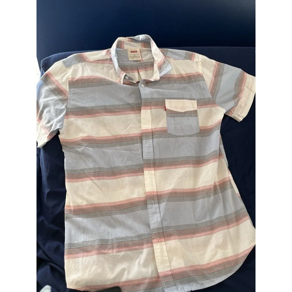 Levis Redtab Mens Button Up Medium XL Striped  Short‎ Sleeve